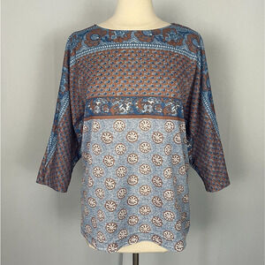 Vintage 70s Top Womens Size Small Blue Floral Boho Peasant Retro Casual Poly Vtg